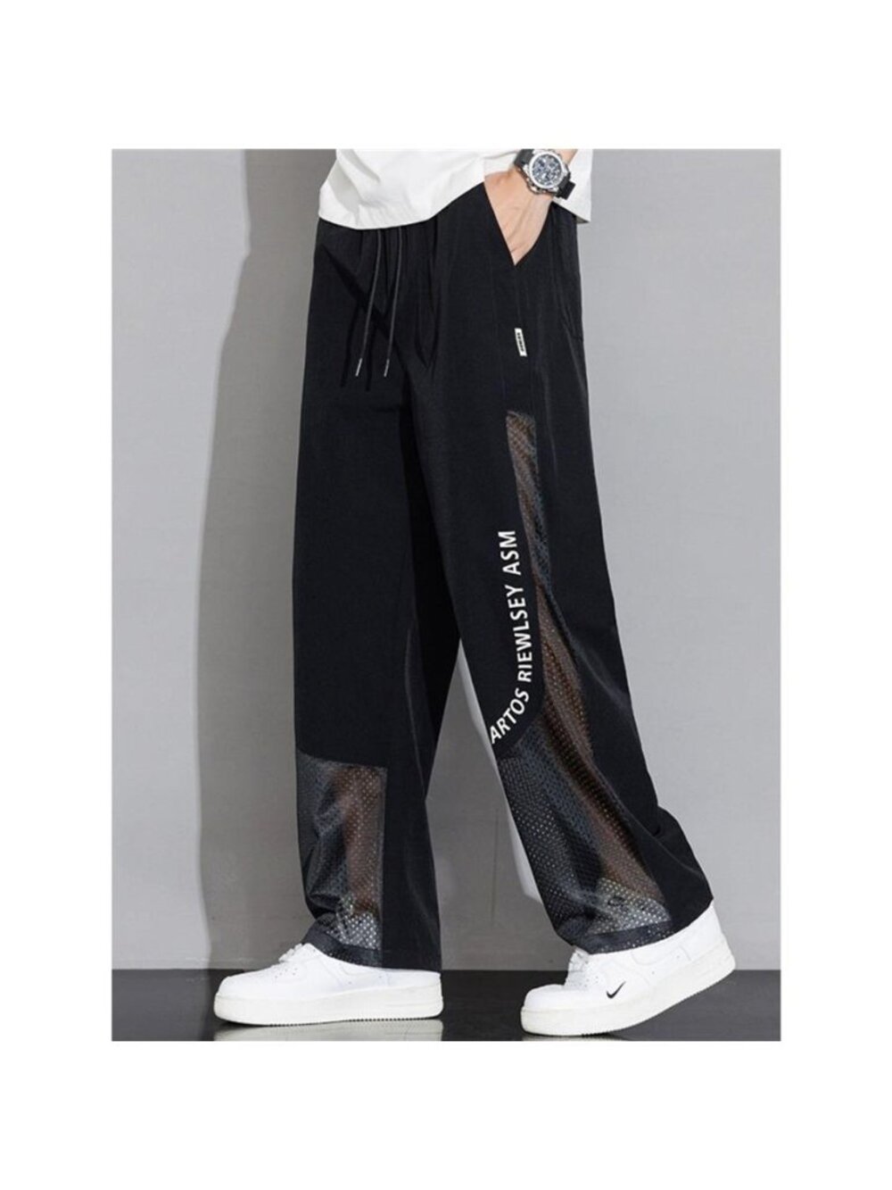 Men's Plus Size Drawstring Wide Leg Mesh Panel Pants - Picture 3 of 6